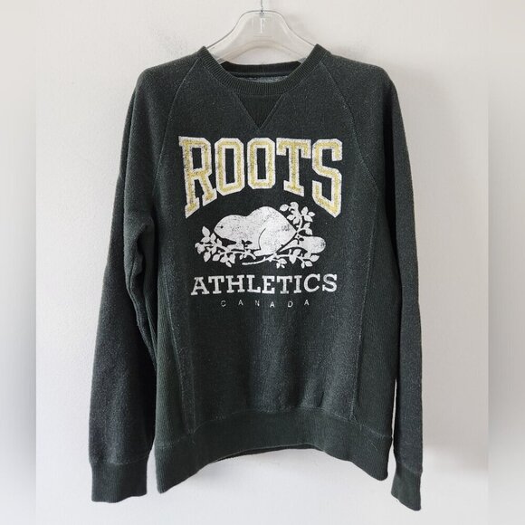 ROOTS | green distressed logo crewneck Sweatshirt Sz SMALL - Picture 2 of 5